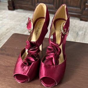 Liliana Burgundy Satin Peep Toe Heels